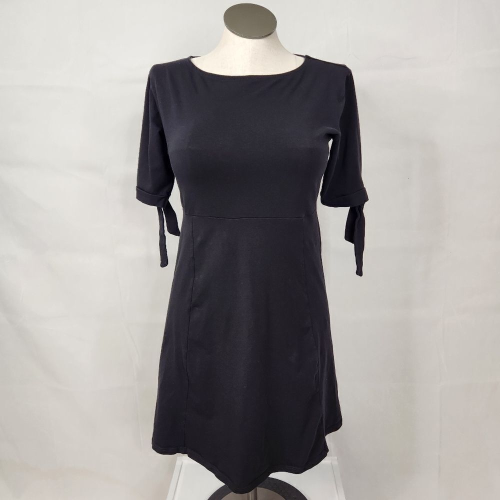 ASOS LBD Black Cuffed Tie Sleeve A-Line Mini Dress Sz 12 - Picture 2 of 13